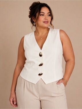 Micas White Sleeveless V-Neck Button Front Vest Top XL NWT